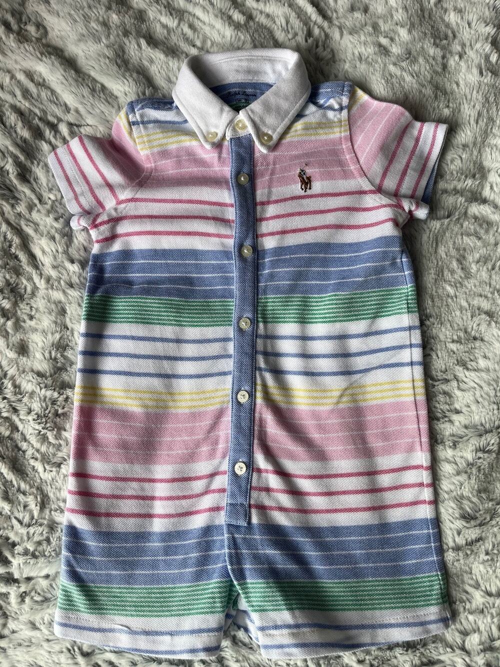 Polo Ralph Lauren Baby Boy 6M Multicolor Stripe Cotton Pique Romper Shortall